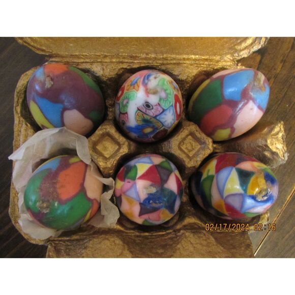 EASTER EGGS CANDLES 6 WITH CARTON 1/2 DOZEN VINTAGE MULTIPLE COLORS BUNNY RABBIT - Picture 1 of 6